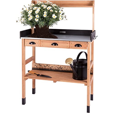 WONDERMAKE® Premium Pflanztisch aus Kirschbaum Holz mit Schubladen wetterfest, Garten-Arbeitstisch XL Outdoor draußen Balkon hochwertig, Gärtnertisch CO2-neutral, dunkel-braun schwarz