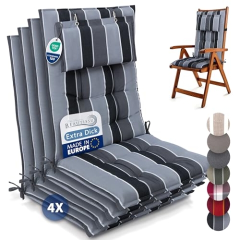 Beautissu 4er Set Premium Hochlehner Auflage Kopfpolster 120x50cm Sun-HL – 8cm Dick Polster Gartenstuhlauflage rutschfest Befestigungsbänder UV-Lichtechtheit 5 – Robust Stoff Anthrazit Gestreift