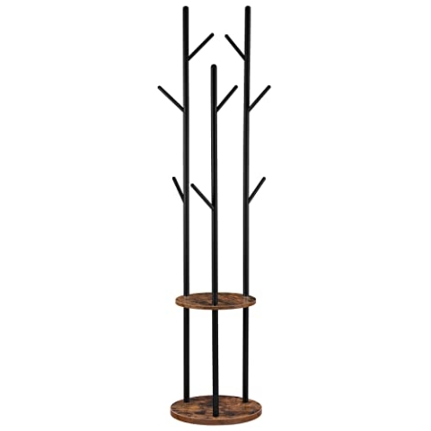 HOOBRO Garderobenständer, Freistehender Kleiderständer, Garderobe in Baumform mit 8 Haken, 2 Runde Ablagen, für Kleidung, Hut, Tasche, Wohnzimmer, Schlafzimmer, BüroDunkelbraun-Schwarz EBF33YM01G1