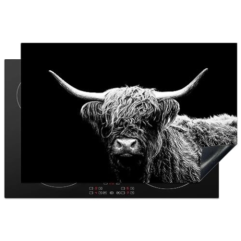 MuchoWow Herdabdeckplatte Ceranfeld Spritzschutz Küche Schottischer Highlander - Kuh - Schwarz - Weiß - Tiere 80.2x52.2 cm Induktionsherd Abdeckung Induktionskochfeld Ceranfeldabdeckung