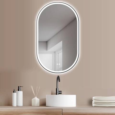 HOKO LED Antibeschlag Badspiegel oval 45x75 cm / 75x45 cm Ravenna. HOCH+QUER Montage. Badspiegel mit Licht und matt-schwarzem Rahmen. Touch Schalter+LED Licht Wechsel-Warmweiß-Kaltweiß-Neutral