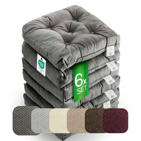 etérea Sitzkissen 42x42 cm 6er Set - Anthrazit 8 cm hoch - Bodenkissen für Indoor, Outdoor, Küche, Garten, Auflage - Heidi Stuhlauflage - 6 Stück Stuhlkissen 40x40 cm Anthrazit