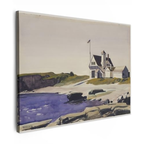 MuchoWow Leinwand Bilder, Einzigartige Wanddeko mit Rahmen, Küstenwache, Maine - Edward Hopper, Wandbilder Wohnzimmer, Deko Schlafzimmer 120x90 cm