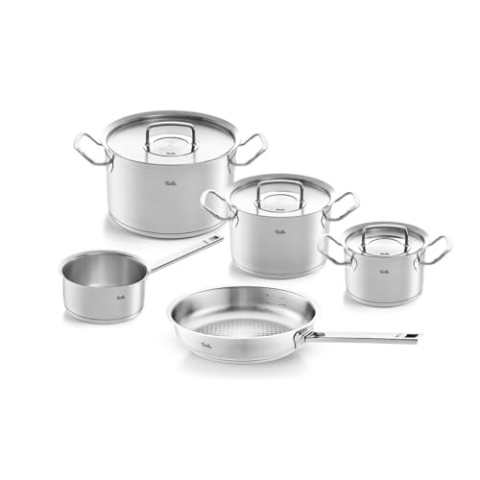 Fissler Original-Profi Collection / Edelstahl-Kochtopfset, 5-teilig, Topf mit Metall-Deckel (3 Kochtöpfe,1 Pfanne-unbeschichtet, 1 Stielkasserolle-deckellos) - Induktion, 084-378-05-000/0, Silber, 8-Pieces