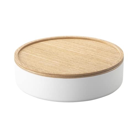 YAMAZAKI 5801 RIN Runde Aufbewahrungsbox mit Deckel, weiß, Stahl/Holz, minimalistisch, 22 x 22 x 6 cm
