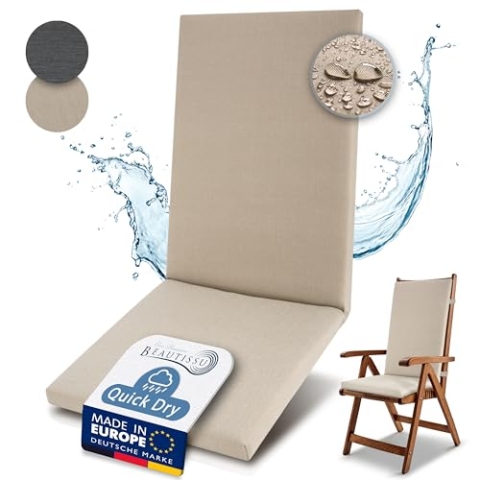 Beautissu Premium Hochlehner Auflage 100% Wasserdicht 120x50cm – UV-beständig Bequem Pflegeleicht Waschbar Sitzkissen Gartenstuhl – Quick Dry Polsterauflage Gartenmöbel Stuhlauflage Beige