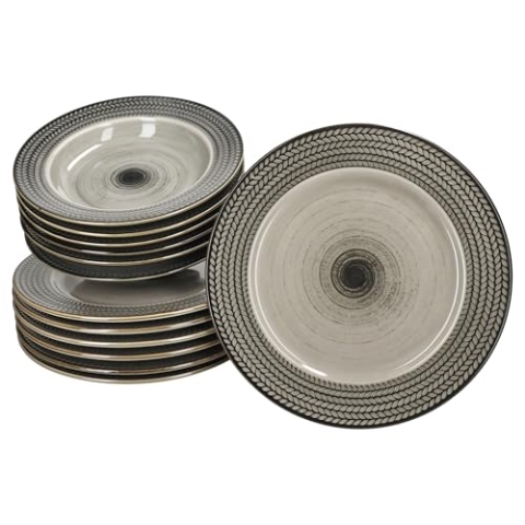 Mäser Prospero 12tlg Tafelservice I braunes Porzellan-Geschirr mit Relief für 6 Personen I 6x Suppenteller & 6x Speiseteller für Frühstück, Mittag & Abendbrot