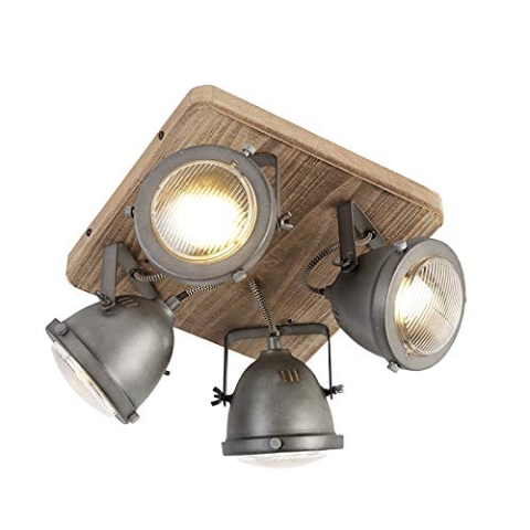 Qazqa - Industrie I Vintage I IndustrieSpot I Spotlight I Deckenspot I Deckenstrahler I Strahler I Lampe I Leuchte stahl I nickel matt mit Holz kippbar 4-flammig Spotbalken-Licht - Emado I Wohnzimmer