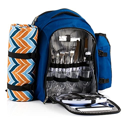 CampFeuer Picknickrucksack 32-teilig | Picknickset für 4 Personen | Blau | mit Flaschenhalter, Picknickdecke, Kühlfach und Campinggeschirr | Freizeitrucksack, Campingrucksack