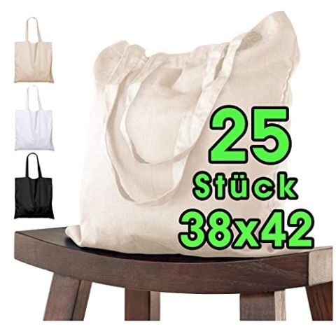 25 STÜCK Baumwolltasche 38 x 42 cm unbedruckt lange Henkel Stofftasche Tragetasche Umhängebeutel Baumwollbeutel Jutebeutel ÖKO-TEX® geprüft Stoffbeutel Einkaufsbeutel Einkaufstasche leinentasche natur