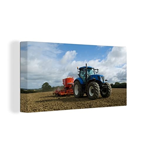 MuchoWow Leinwand Bilder, Einzigartige Wanddeko mit Rahmen, Traktor - Blau - Landleben - Wolken, Wandbilder Wohnzimmer, Deko Schlafzimmer 80x40 cm