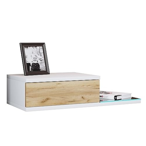 VCM Nachtschrank | Wandschublade | Wandboard | Nachttisch | Maße ca. H. 15 x B. 65 x T. 30 cm - Konsila L Weiß/Honig-Eiche