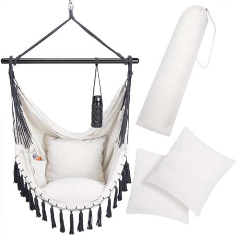 DETEX® Hängesessel bis 150kg Belastbar mit Flaschenhalter Boho Stil Wetterfest Garten 360° Drehbar Creme Hängestuhl Indoor & Outdoor Kissen