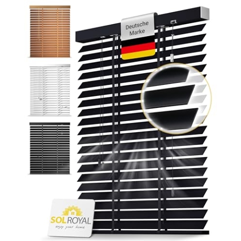Sol Royal Holzjalousie 50 mm Lamellen extra breit – Fensterjalousie 140x180 cm Holzrollo einfache Montage Wand & Decke – Blickschutz Jalousie Fenster & Tür Massivholz Echtholz Rollo in Schwarz – BE5