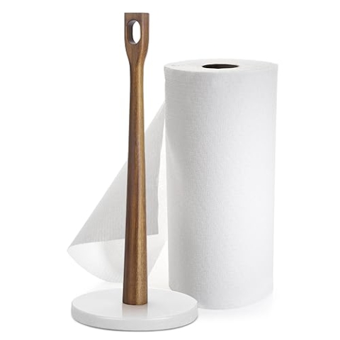 Flexzion Papierhandtuchhalter – 35.6 cm, Küchenrollenspender, Ständer mit 15.2 cm Marmorgewicht, Basis aus natürlichem Akazienholz, Stange für Arbeitsplatte, Tisch, Zuhause, Aufbewahrung, Marmorweiß