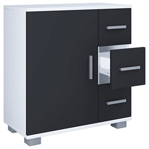 VCM Holz Midischrank | Badschrank | Maße: H. 65 x B. 60 x T. 30 cm | 3 Schubladen | 1 große Drehtür | 2 Fächer.- Zalo XL Weiß/Schwarz
