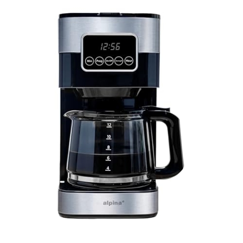 alpina Kaffeemaschine - Filterkaffeemaschine 1,5L / 12 Tassen - Coffee Machine mit Thermoskanne, Digitalanzeige, Timer und Warmhalteplatte - Einstellbare Kaffeestärke - Schwarz