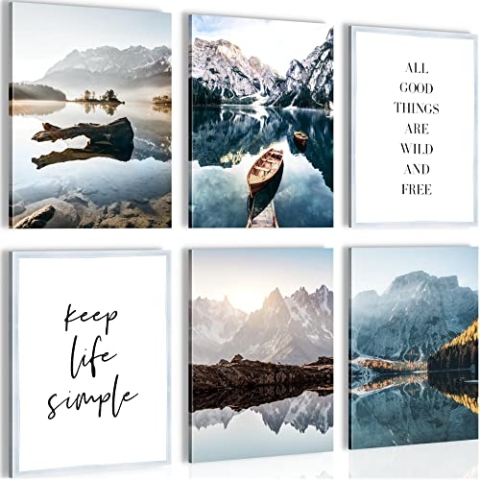 Novart Wandbilder - KEIN EXTRA RAHMEN BENÖTIGT - Wohnzimmer Schlafzimmer - Bilder Modern See Berge blau - Natur - N010465a