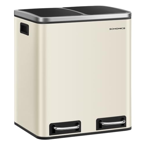 SONGMICS Mülleimer Küche, 2 x 15 Liter, Mülltrennsystem 2 Fächer, inklusive 15 Müllbeutel, Abfalleimer, Treteimer, recycelbare Abfälle, Biomüll, Softclose-Deckel, sandbeige-tintenschwarz LTB30A02