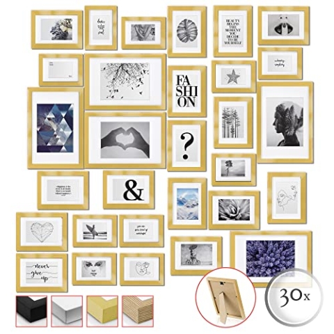 bomoe 30tlg Bilderrahmen Set Verschiedene Größen 10x 10x15cm, 15x 13x18cm, 5x 20x30cm – Bilderrahmen Collage Holz Set Fotowand Fotorahmen Gold inkl. Passepartout & Aufsteller – Emotion