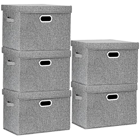 TYEERS Aufbewahrungsbox mit Deckel Groß, Stoff, Faltbare, Waschbare, Kisten Aufbewahrung mit Deckel, 44x30x29 cm, 5-Stück, Grau