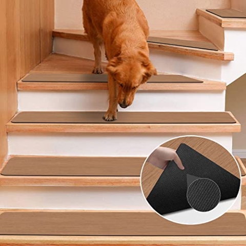 GOYLSER Treppenstufen Matten Stufenmatten Anti-Rutsch Treppenmatten Selbstklebend Treppenteppich Rechteckig Rutschschutz Stufenteppich Treppenvorleger für Kinder Haustiere Braune (76x20cm 15 Stück)