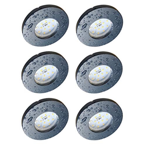Trango 6er Set 6729IP65-061MO IP65 LED Einbaustrahler in Anthrazit matt inkl. 6x 5 Watt 3000K warmweiß Ultra Flach LED Modul für Bad Einbauspots, Dusche Deckenstrahler, Deckenlampe, Badleuchte