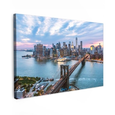MuchoWow Leinwand Bilder, Einzigartige Wanddeko mit Rahmen, New York - Brooklyn Bridge - Boot, Wandbilder Wohnzimmer, Deko Schlafzimmer 120x80 cm