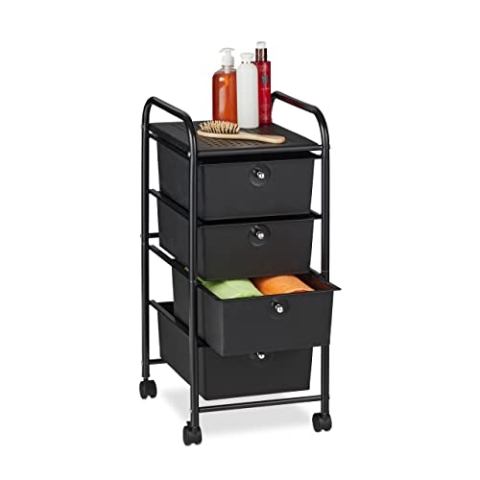 Relaxdays Badrollwagen, 4 Schubladen, Metall & Kunststoff, Rollcontainer Bad, Kosmetik, HBT: 74 x 33 x 39 cm, schwarz, 1 Stück