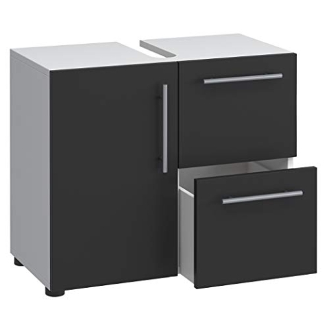 VCM Holz Waschbeckenunterschrank | Badschrank | Maße: H. 51 x B. 61 x T. 32 cm | 1 Drehtür | 2 große Schubladen | modernes Badezimmermöbel - Flandu Weiß/Schwarz