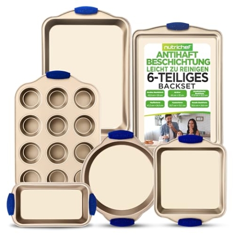NutriChef 6-Teiliges Antihaft Backformen Set – Backform Set für Süßes als Kuchenform & Plätzchenblech oder Salziges – PFOA, PFOS, PTFE- frei aus Karbonstahl bis 230°C, Runde & Quadratische Pfannen