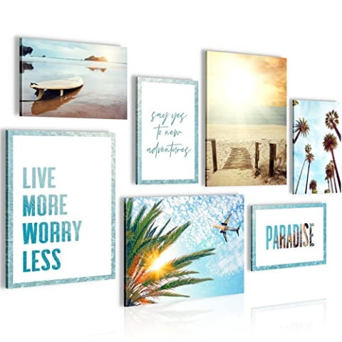 Novart Wandbilder Strand Meer - KOMPLETT AUFHÄNGFERTIG - Palmen Wohnzimmer Schlafzimmer Flur - 7 Moderne Mood-Bilder - N001371a