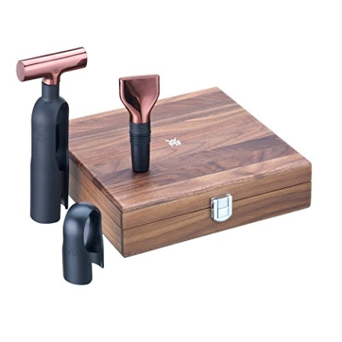 WMF Baric Sommelier Weinset 3-teilig, Korkenzieher, Folienschneider, Flaschenverschluss, in Walnussholzbox, kupfer