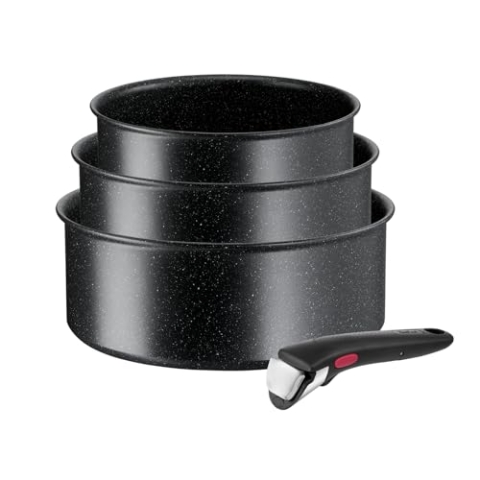 Tefal Ingenio Black Stone 4-tlg. Kasserollenset, Topfset abnehmbarer Griff, 16/18/20 cm, stapelbar, platzsparend, Topfset Induktion mit Antihaftversiegelung, einfache Handhabung und Reinigung, L39996