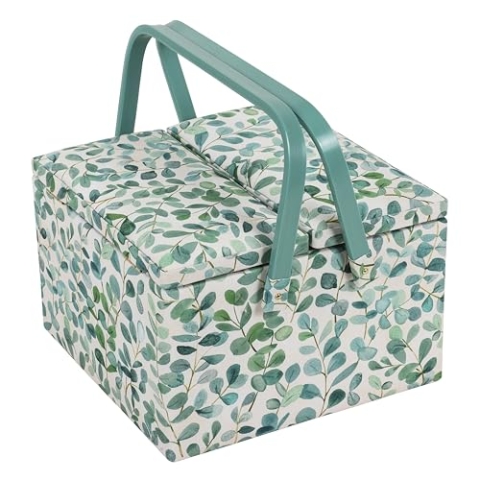 Hobby Gift Exclusive Große Bastel Aufbewahrungsbox für Näharbeiten mit zwei Deckeln, Zubehörablage, Nadelkissen, Taschen, PVC-Griffe, 25 x 25 x 17 cm, Eukalyptus