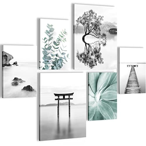 Novart Wandbilder Set Asien Zen See - KEIN EXTRA RAHMEN BENÖTIGT - Modern Deko - Wohnzimmer Schlafzimmer N004463a