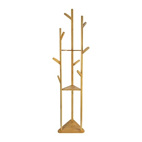 QUVIO Stehende Garderobe mit 3 Ablagen, 9 Haken Baum Design Kleiderständer, Dekorative Garderobe Holz Garderobe für Eingangsbereich Flur Schlafzimmer, Hellbraun 32,5 x 36 x 164 cm