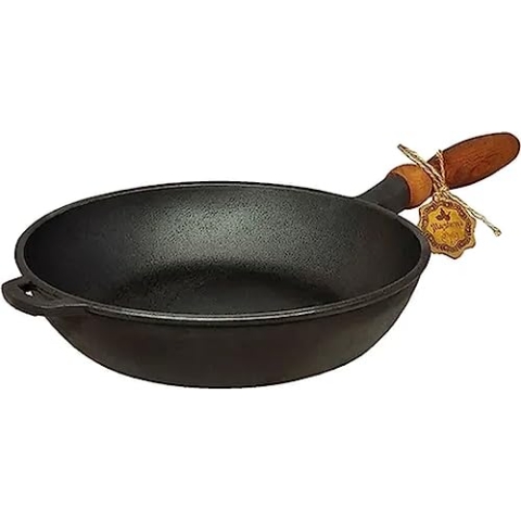 WDMT Bratpfanne aus Gusseisen mit Holzgriff – ø 24 x 6 cm – Gusseisenpfanne für alle Wärmequellen – antihaftbeschichtet – Backen – Pfannen – Geschenk – Holzgriff – Schwarz