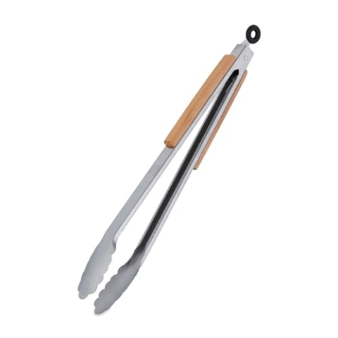 Relaxdays 10 x Grillzange, Edelstahl, mit Holzgriff, Lange Kochzange für Grill & Küche, 38 cm, Küchenzange mit Öse, Silber/Natur