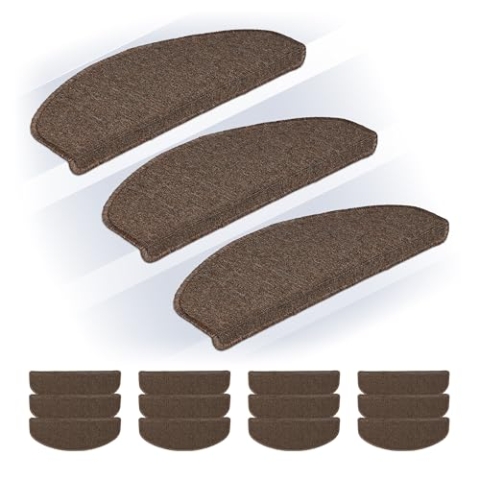 Relaxdays Stufenmatten 15er Set, abgerundete Treppenstufenmatten, 65x24 cm, Selbstklebende Treppenteppiche, Dunkelbraun