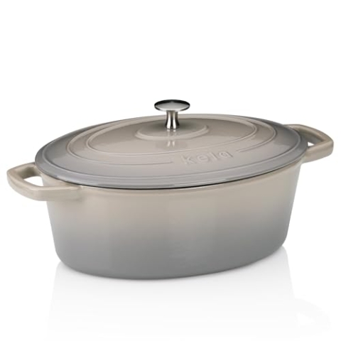 kela Bräter Gusseisen oval 4 Liter, Dutch Oven CALIDO, Induktion Gussbräter mit Deckel, Gusseisen Topf Brot backen, emailliert, hellgrau