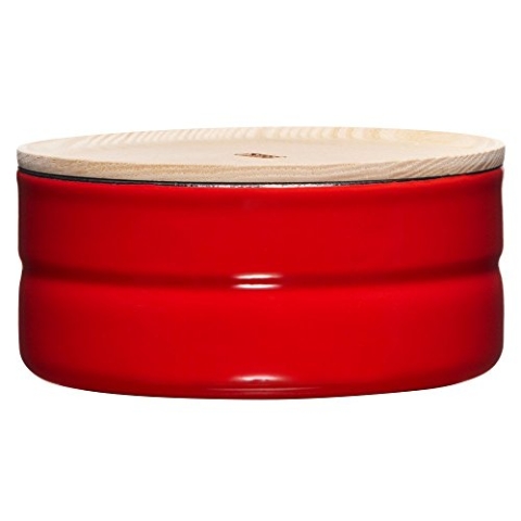 Riess, 2173-213, Vorratsdose mit Eschenholzdeckel, Durchmesser 13 cm, Höhe 6 cm, Inhalt 615 ml, FRESH TOMATO, KITCHEN-MANAGEMENT, Truehomeware, Emaille