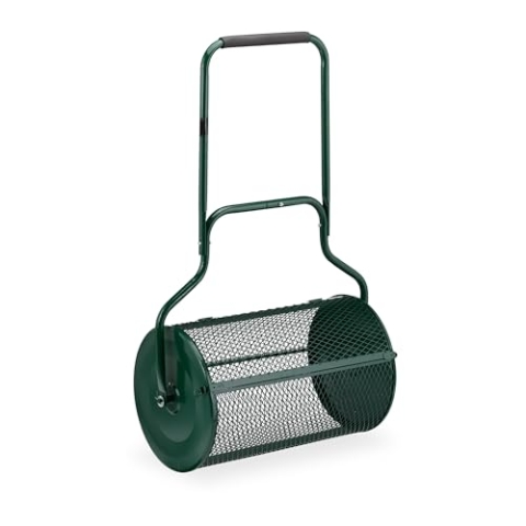 Relaxdays Kompoststreuer für Rasen, Meshkorb 80 L, Gartenstreuer mit Griff, HBT: 118 x 72 x 41 cm, Torfmoosstreuer, grün