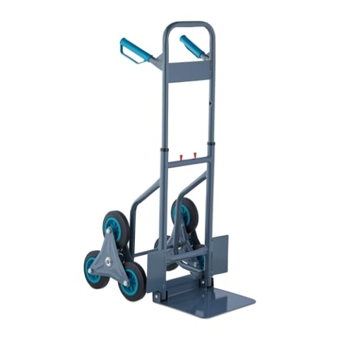 Relaxdays Treppensackkarre, klappbare Treppenkarre, bis 200 kg, Sackkarre Treppensteiger, höhenverstellbar, grau/blau, 1 Stück