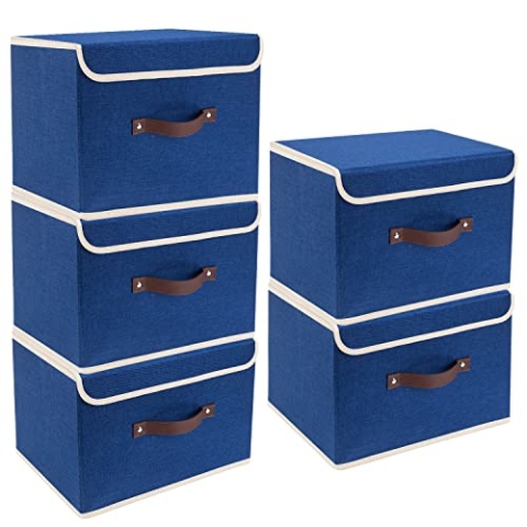 TYEERS Faltbare Aufbewahrungsbox mit Deckel, Stoff, Waschbare, Kisten Aufbewahrung mit Deckel, 38x25x25 cm, 5-Stück, Klassisch Blau