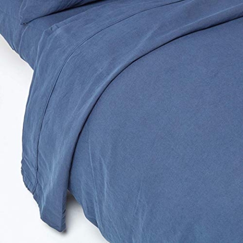 Homescapes Leinen Betttuch ohne Gummizug Marineblau 240x275 cm, Halbleinen Bettlaken aus 60% Leinen und 40% Baumwolle