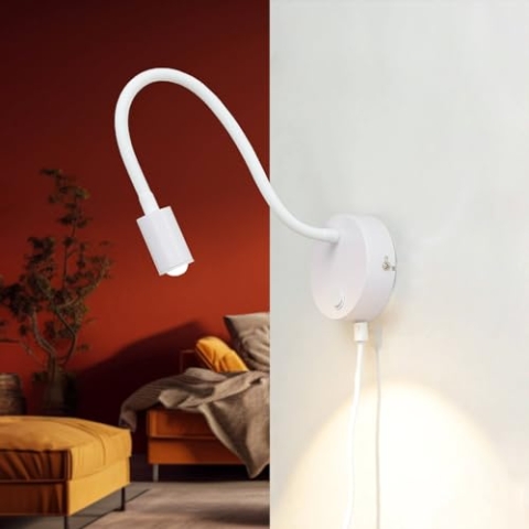 Licht-Erlebnisse LED Wandlampe mit Kabel Stecker Weiß verstellbarer Flexarm warmweiß Leselampe Schlafzimmer Wandleuchte Wohnzimmer