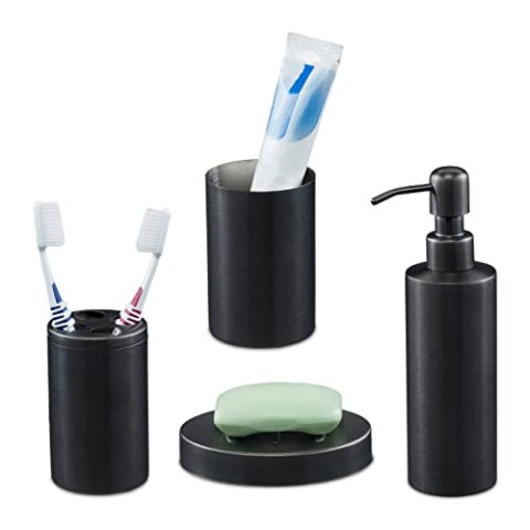 Relaxdays Badezimmer Set, 4-TLG, Badaccessoires Edelstahl gebürstet, komplette Badezimmerausstattung, modern, anthrazit