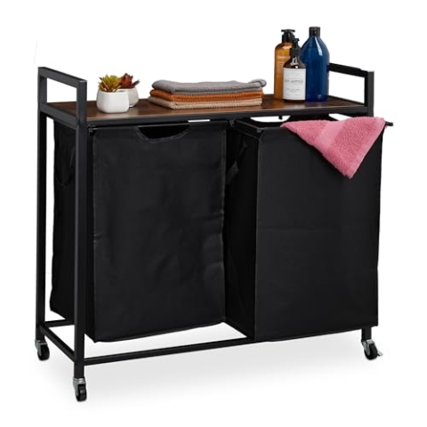 Relaxdays Wäschekorbregal, 2 ausziehbare Fächer, rollbare Wäscheablage, Wäschesammler, Industrial Design, schwarz/braun