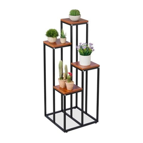 Relaxdays Pflanzenständer Blumentreppe, 4 Ablagen, HxBxT: 100 x 40 x 40 cm, platzsparend, Stahl, MDF, Design Blumenetagere, schwarz/braun